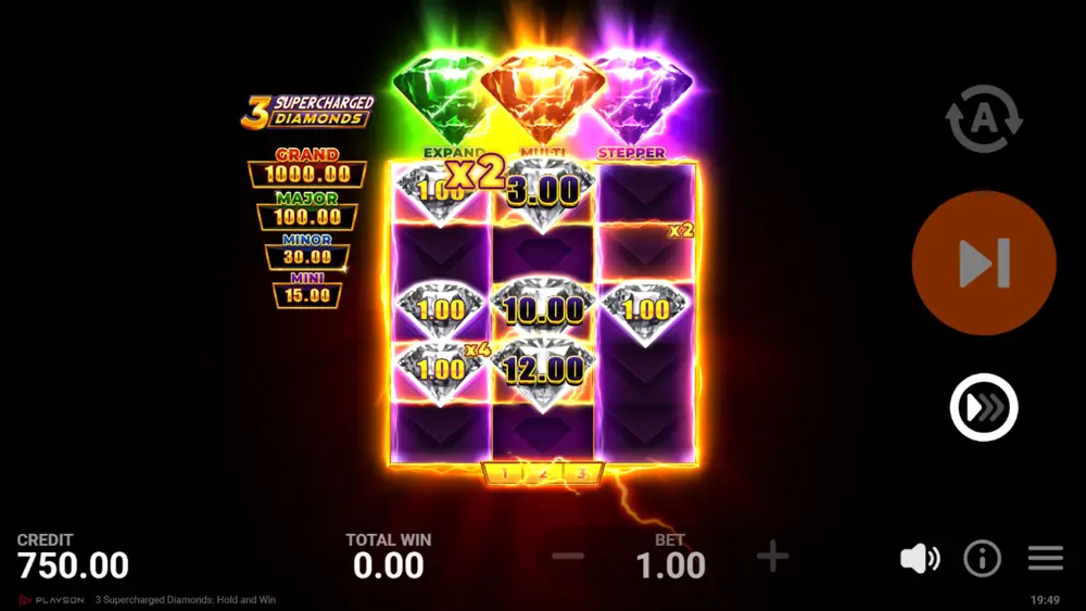3 Supercharged Diamonds base game with Special Diamond counters above reels