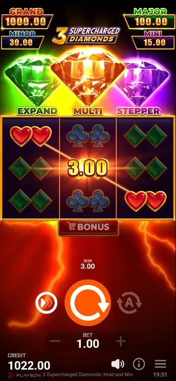 3 Supercharged Diamonds Multi Feature - x4 and x8 multiplier cells on Reels 1 and 3, Bonus Diamond positioned on multiplier cell