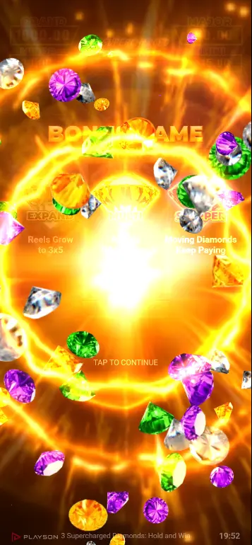 3 Supercharged Diamonds Stepper Feature - Bonus Diamond shifting down positions on the reel with movement indicator arrows