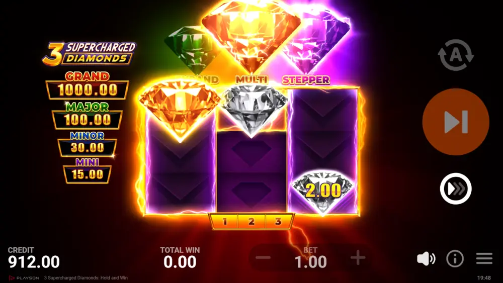 3 Supercharged Diamonds Stepper Feature showing a Bonus Diamond shifting down positions on the reel with movement arrows